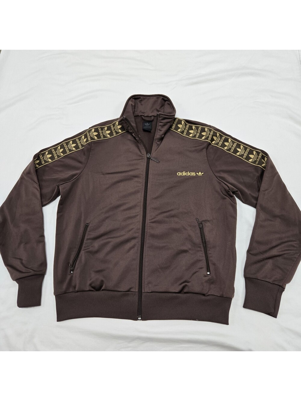 Women's LARGE Vintage Adidas Zip Up Track Jacket Brown & Tan/Gold Sweater Y2K
